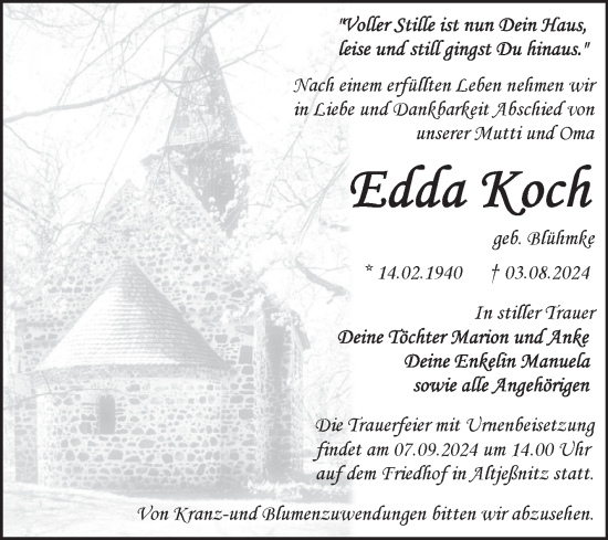 Traueranzeige von Edda Koch von Trauerkombi Bitterfeld