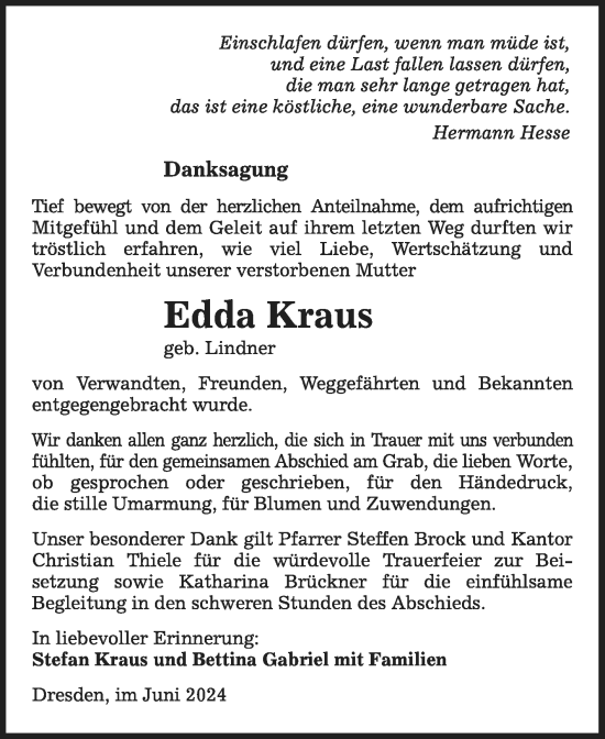Traueranzeige von Edda Kraus von Mitteldeutsche Zeitung Mansfelder Land