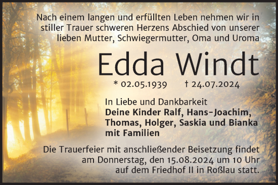 Traueranzeige von Edda Windt von Trauerkombi Dessau