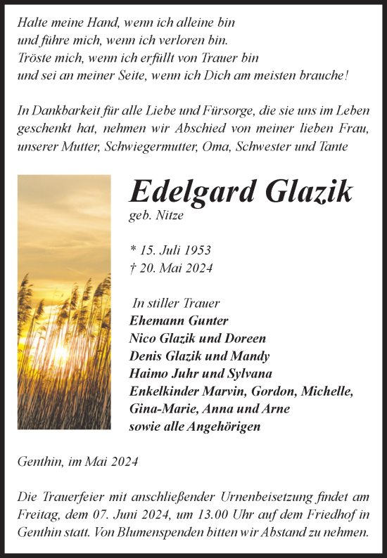 Traueranzeige von Edelgard Glazik von Volksstimme Burg/Genthin