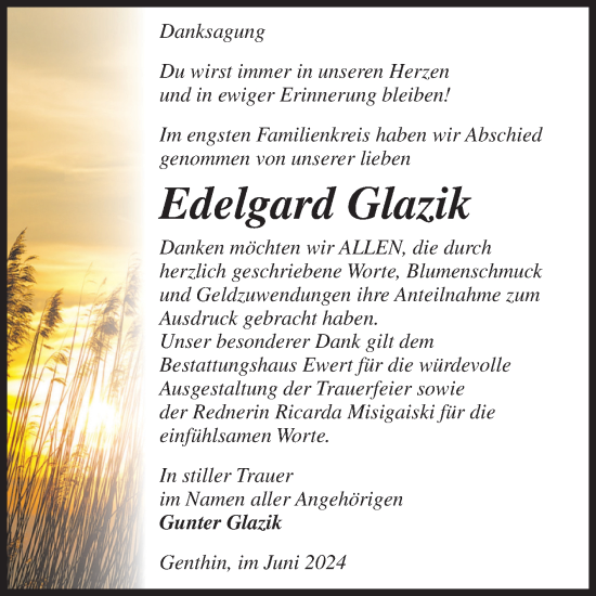 Traueranzeige von Edelgard Glazik von Volksstimme Burg/Genthin
