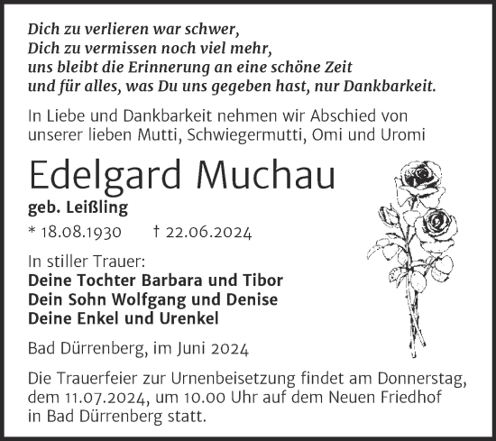 Traueranzeige von Edelgard Muchau von Trauerkombi Merseburg