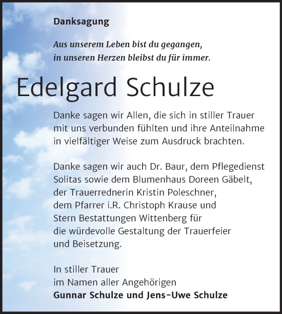 Traueranzeige von Edelgard Schulze von Trauerkombi Wittenberg