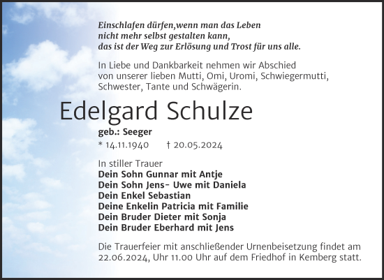 Traueranzeige von Edelgard Schulze von Trauerkombi Wittenberg