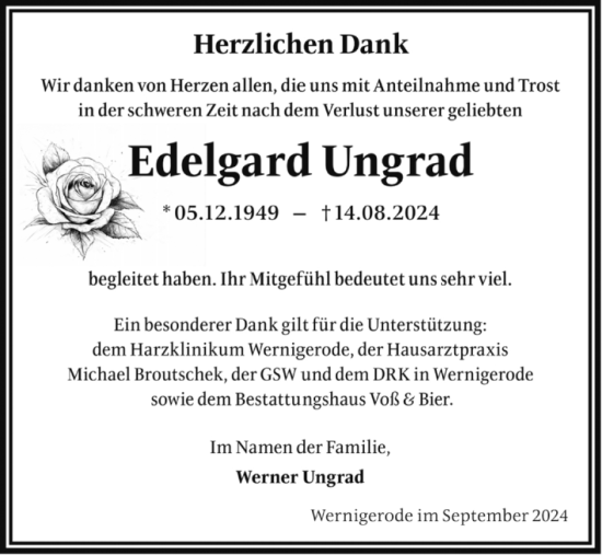 Traueranzeige von Edelgard Ungrad von Volksstimme Wernigerode