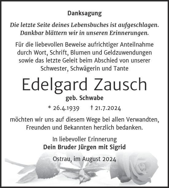 Traueranzeige von Edelgard Zausch von Trauerkombi Merseburg