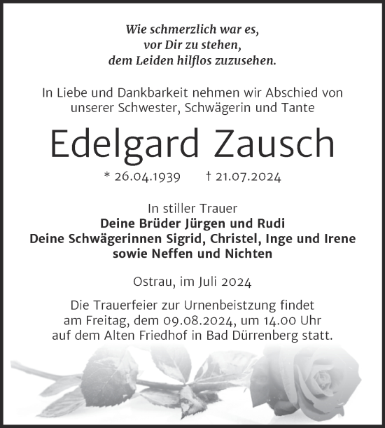 Traueranzeige von Edelgard Zausch von Trauerkombi Merseburg