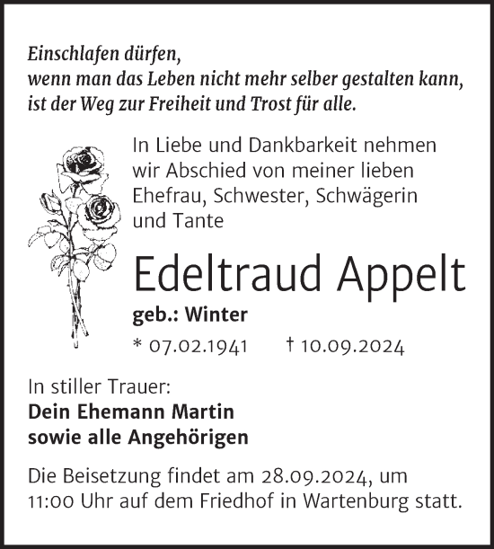 Traueranzeige von Edeltraud Appelt von Trauerkombi Wittenberg