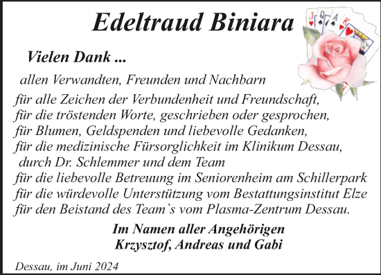 Traueranzeige von Edeltraud Biniara von Trauerkombi Dessau