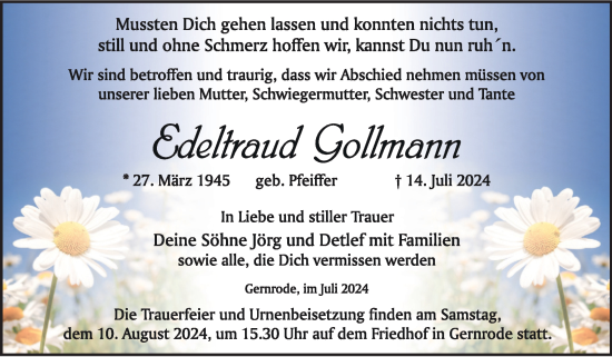 Traueranzeige von Edeltraud Gollmann von Trauerkombi Quedlinburg