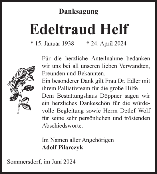 Traueranzeige von Edeltraud Helf von Volksstimme Oschersleben/Wanzleben