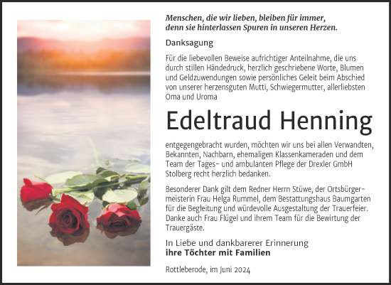 Traueranzeige von Edeltraud Henning von Trauerkombi Sangerhausen