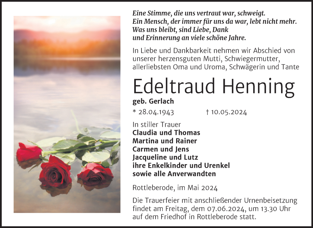  Traueranzeige für Edeltraud Henning vom 25.05.2024 aus Trauerkombi Sangerhausen