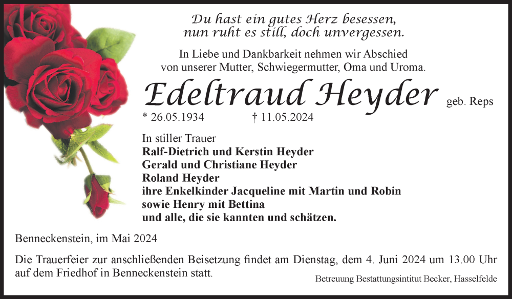  Traueranzeige für Edeltraud Heyder vom 25.05.2024 aus Volksstimme Wernigerode