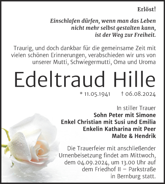 Traueranzeige von Edeltraud Hille von Trauerkombi Bernburg