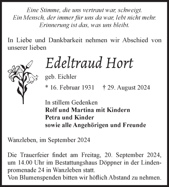 Traueranzeige von Edeltraud Hort von Volksstimme Oschersleben/Wanzleben