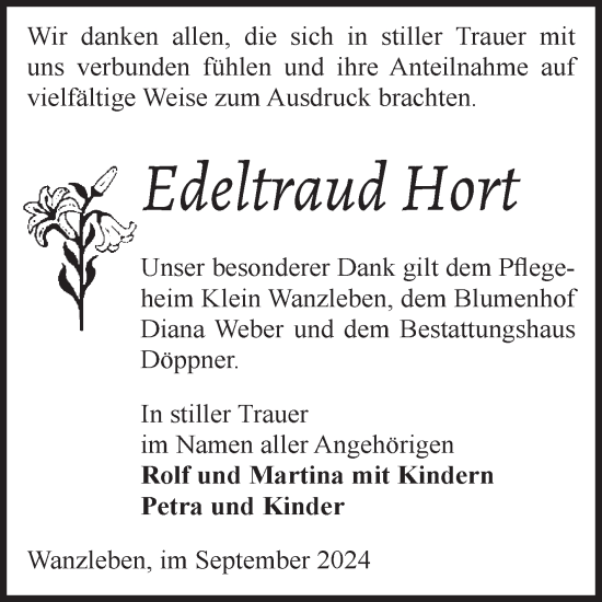 Traueranzeige von Edeltraud Hort von Volksstimme Oschersleben/Wanzleben
