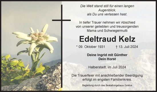 Traueranzeige von Edeltraud Kelz von Volksstimme Halberstadt