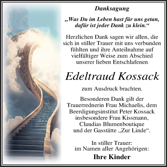 Traueranzeige von Edeltraud Kossack von Trauerkombi Dessau