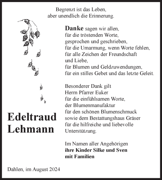 Traueranzeige von Edeltraud Lehmann von Volksstimme Altmark Ost