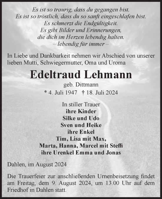 Traueranzeige von Edeltraud Lehmann von Volksstimme Altmark Ost