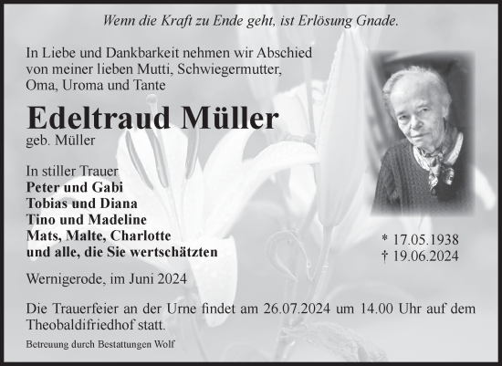 Traueranzeige von Edeltraud Müller von Volksstimme Wernigerode