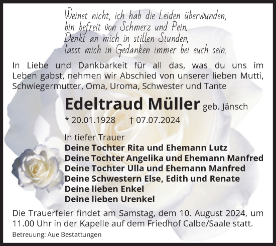 Traueranzeige von Edeltraud Müller von Volksstimme Schönebeck
