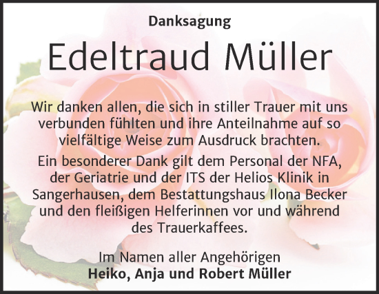 Traueranzeige von Edeltraud Müller von Trauerkombi Sangerhausen
