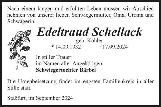 Traueranzeige von Edeltraud Schellack von Volksstimme Staßfurt