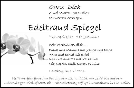Traueranzeige von Edeltraud Spiegel von Volksstimme Altmark Ost