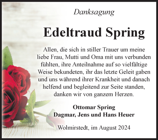 Traueranzeige von Edeltraud Spring von Volksstimme Haldensleben/Wolmirstedt