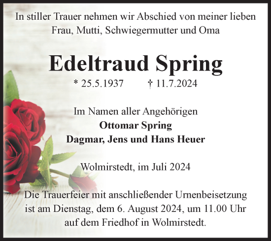 Traueranzeige von Edeltraud Spring von Volksstimme Haldensleben/Wolmirstedt