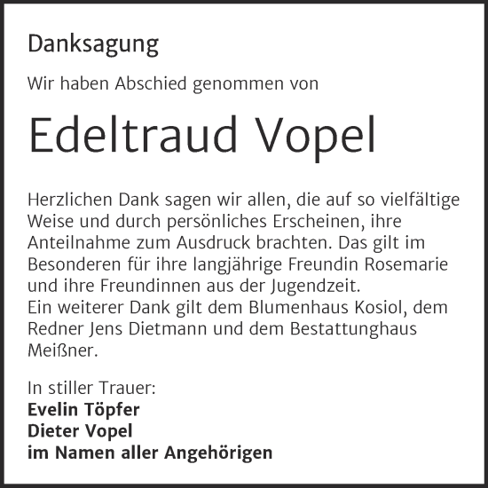 Traueranzeige von Edeltraud Vopel von Trauerkombi Sangerhausen