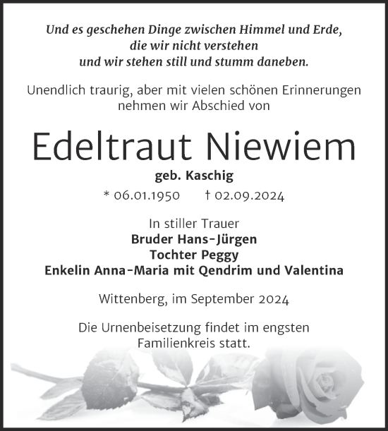 Traueranzeige von Edeltraut Niewiem von Trauerkombi Wittenberg