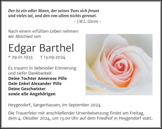 Traueranzeige von Edgar Barthel von Trauerkombi Sangerhausen