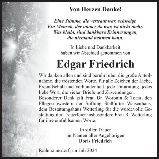 Traueranzeige von Edgar Friedrich von Volksstimme Staßfurt