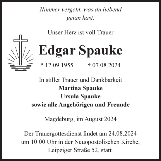 Traueranzeige von Edgar Spauke von Volksstimme Magdeburg