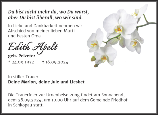 Traueranzeige von Edith Apelt von Trauerkombi Merseburg