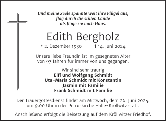 Traueranzeige von Edith Bergholz von Mitteldeutsche Zeitung Halle/Saalkreis