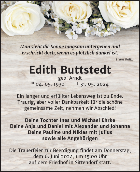 Traueranzeige von Edith Buttstedt von Mitteldeutsche Zeitung Sangerhausen