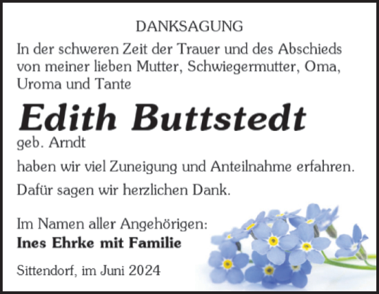 Traueranzeige von Edith Buttstedt von Trauerkombi Sangerhausen