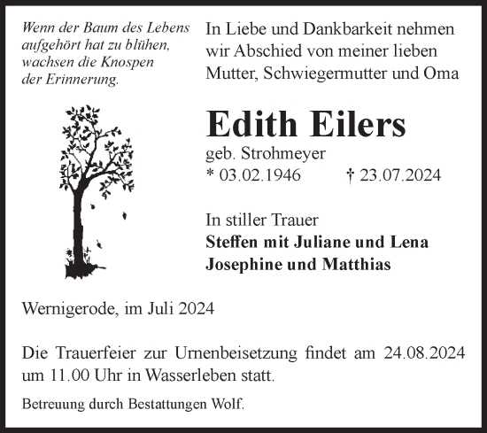Traueranzeige von Edith Eilers von Volksstimme Wernigerode
