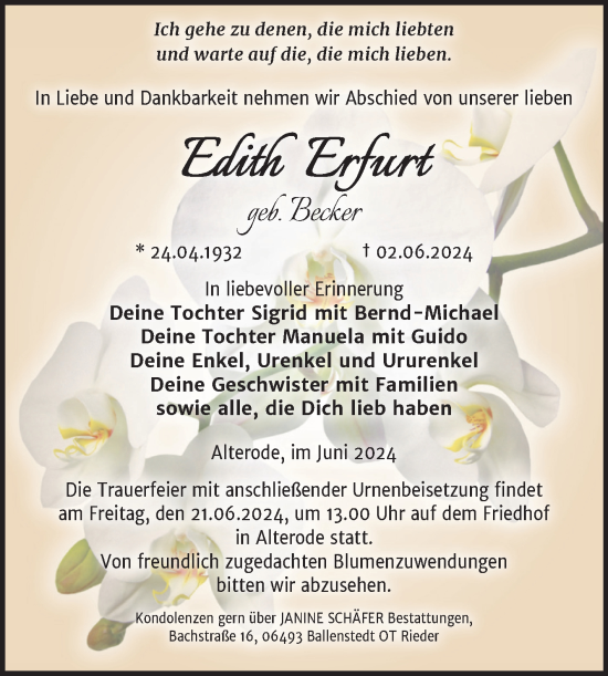 Traueranzeige von Edith Erfurt von Trauerkombi Mansfelder Land