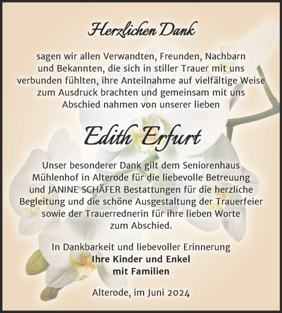 Traueranzeige von Edith Erfurt von Trauerkombi Mansfelder Land