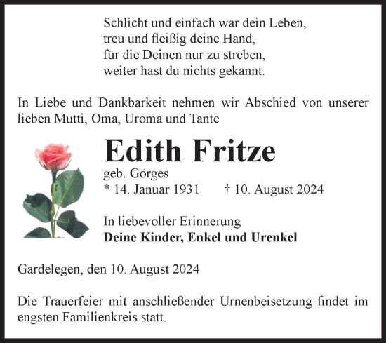 Traueranzeige von Edith Fritze von Volksstimme Altmark West