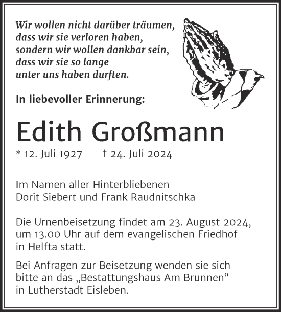 Traueranzeige von Edith Großmann von Trauerkombi Mansfelder Land