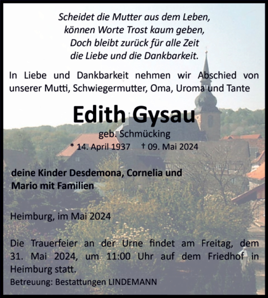 Traueranzeige von Edith Gysau von Volksstimme Wernigerode