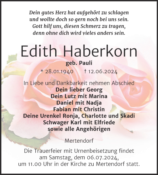 Traueranzeige von Edith Haberkorn von Super Sonntag Naumburg/Nebra