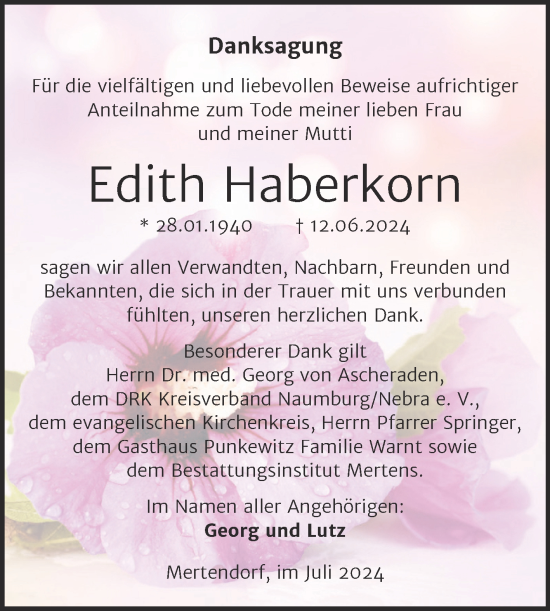Traueranzeige von Edith Haberkorn von Super Sonntag Naumburg/Nebra
