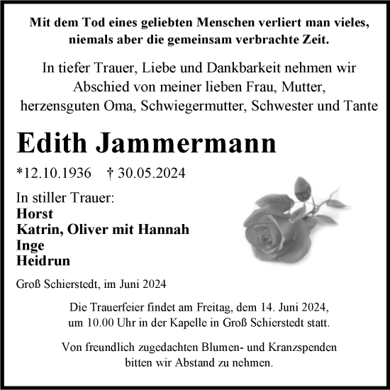 Traueranzeige von Edith Jammermann von Trauerkombi Aschersleben